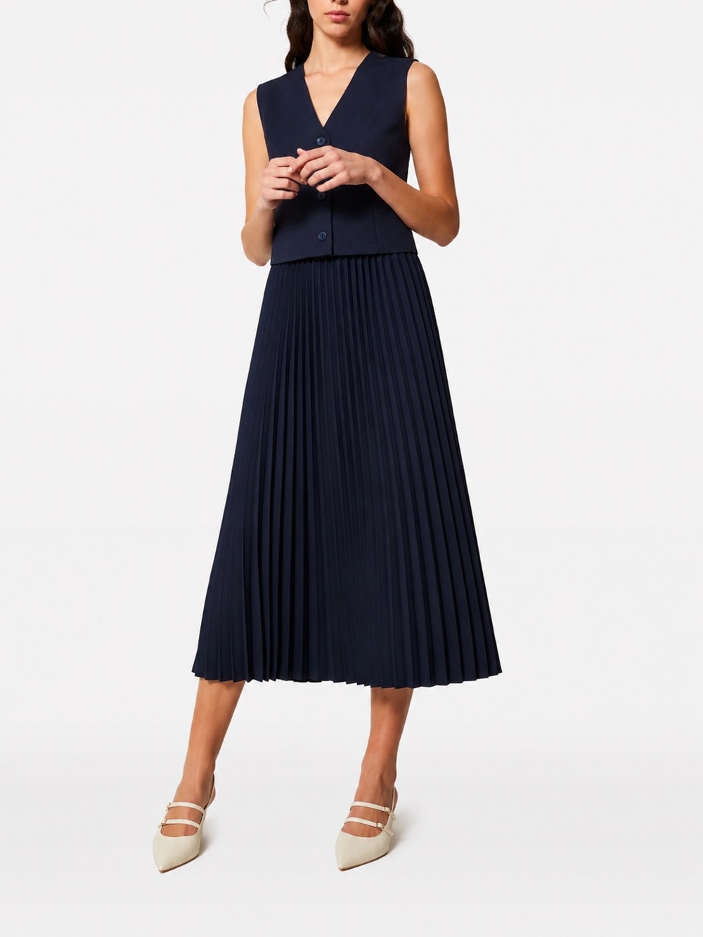 Caroline Constas Navy Pleated Midi vest dress